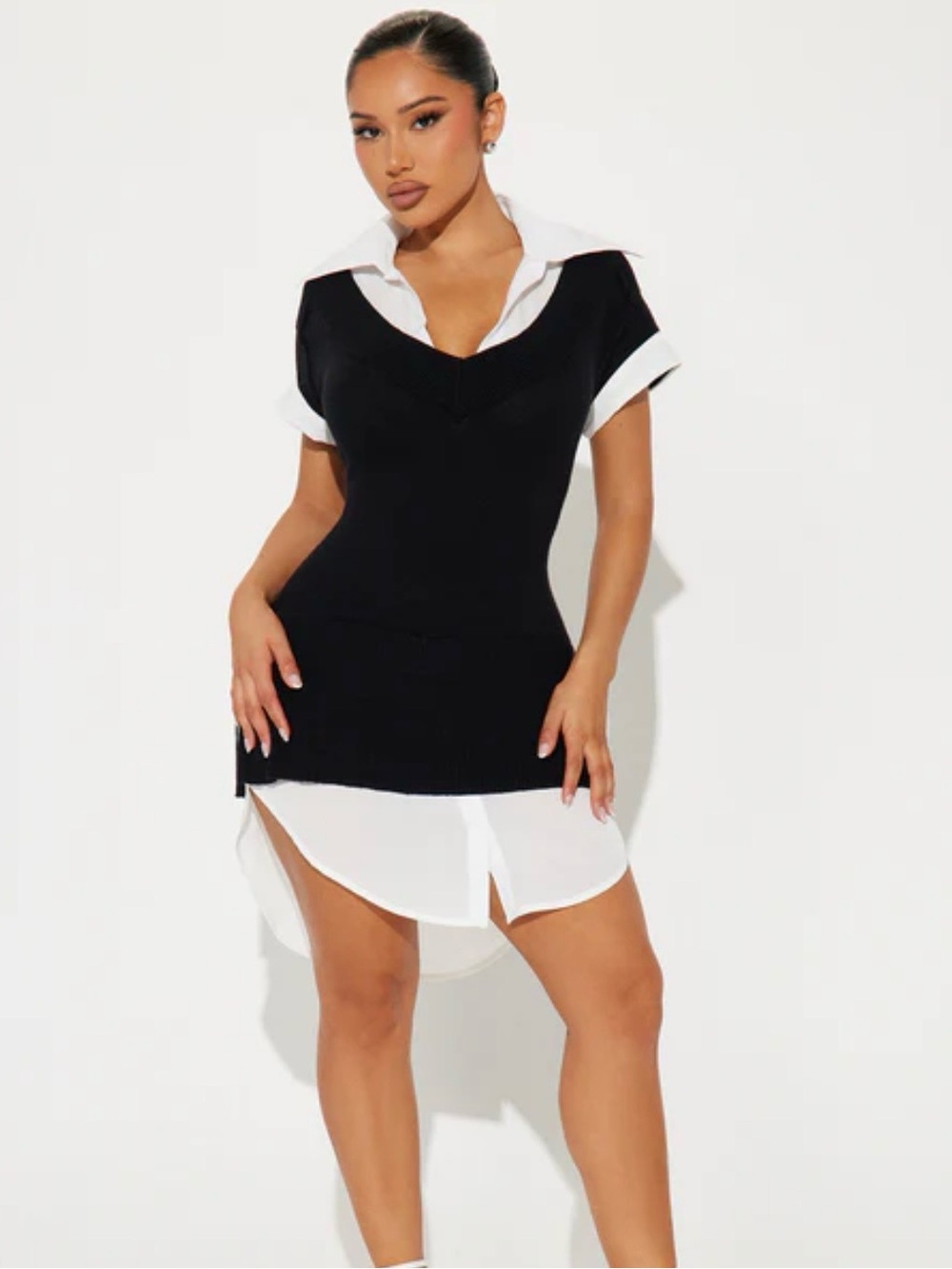 Fashion Nova Black Top with White Chiffon Trim